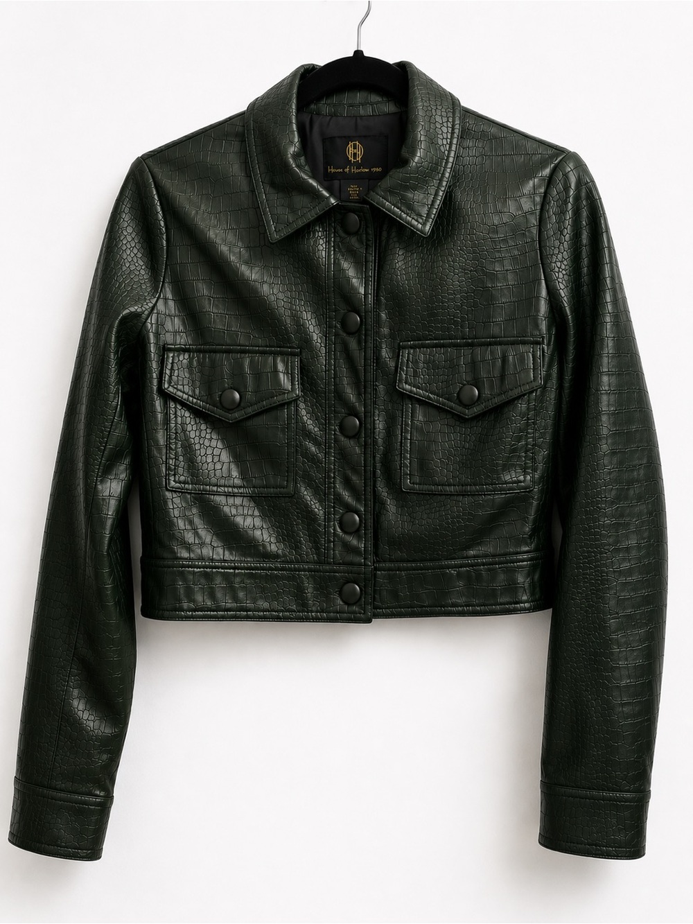 House of Harlow 1960 Dark Green Croc-Embossed Faux Leather Jacket